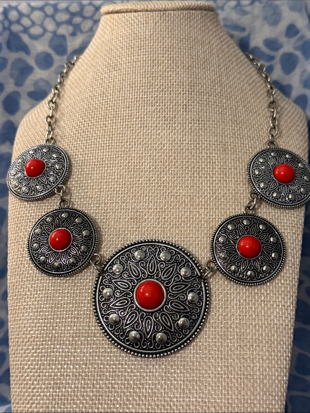 Boho Silver-Tone Necklace with Red Accent Discs